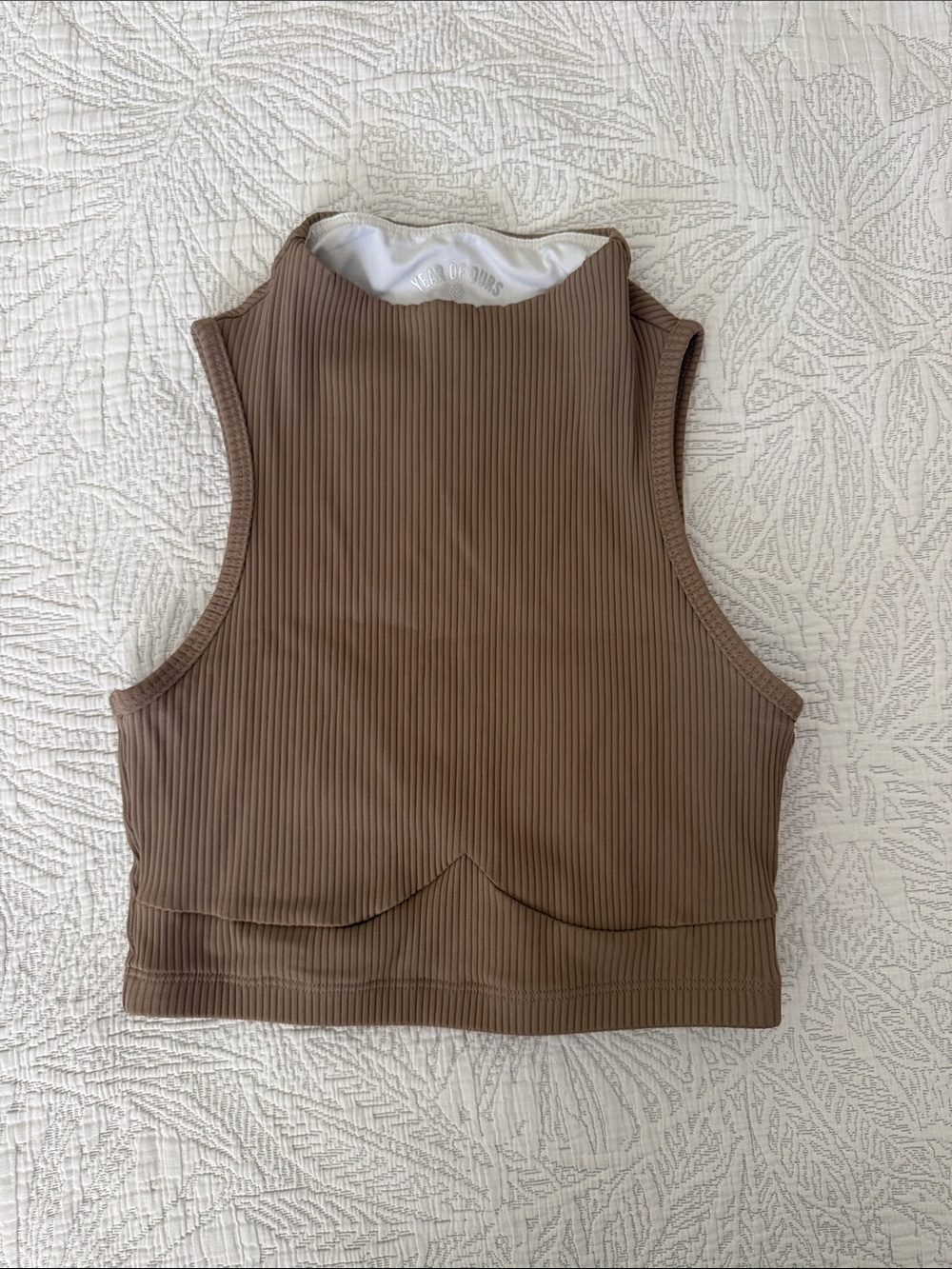Year of Ours Ribbed Mock Neck Crop Top in Taupe